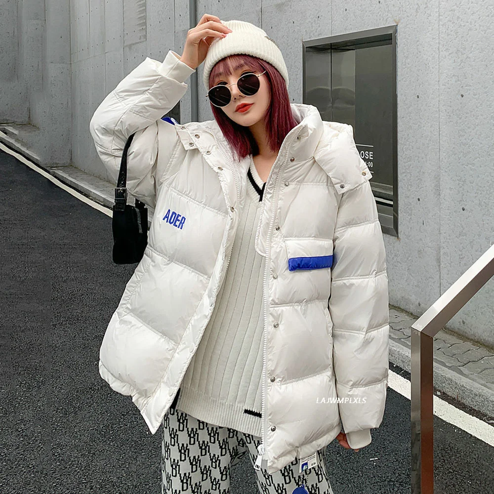

Новинка зимняя куртка с капюшоном Женская модная свободная парка контрастных цветов в Корейском стиле на 90% белом утином пуху белые/черные
