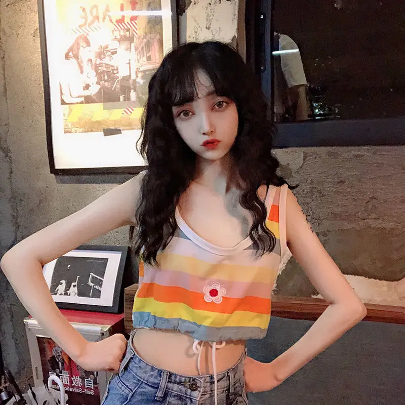 

2020 summer new tanks Candy color striped Sleeveless Tops Pullover Korean elegant style Vest female sexy ladies vest for club