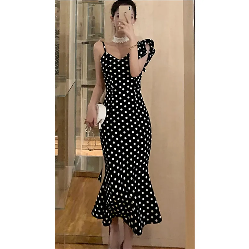 Платье в горошек на одно плечо стиле ретро|Женские платья| |