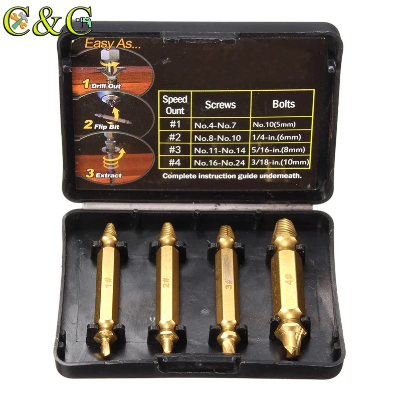 4Pcs Titanium Coated Double Side Damaged Screw Extractor Drill Bit Guide Set Broken Speed Out Bolt Stud Stripped Remover | Инструменты