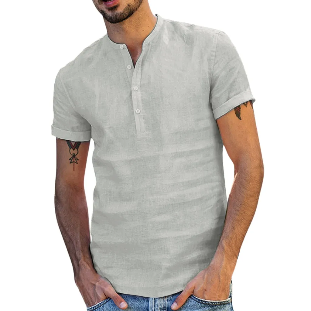 

Men Shirts Baggy Cotton Linen Solid Tops Summer Mens Blouses Casual Short Sleeve V-Neck Tops Male Streetwear Camisas Hombre