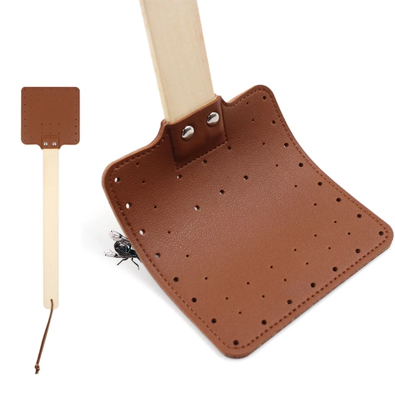 

41XB Leather Fly Swatter Fly Swat Heavy Duty Insect Mos-quito Wasp Pest Control Rustic Design with Long Wooden Handle