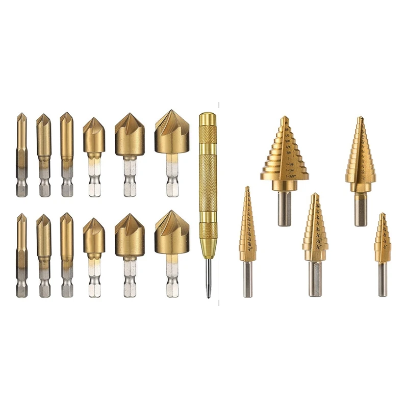 

6Pcs HSS Titanium Coated Step Drill Bit With 13Pcs Countersink Drill Bit Set Counter Sinker Drill Bits 1/4 Inches