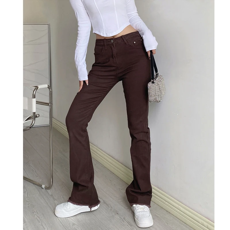 High Waist Women Skinny Jeans 2021 Autumn Khaki Slim Bell Bottom Pants Korean Fashion Vintage Denim Burrs Trousers Y2K