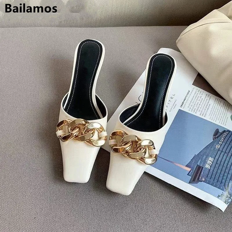 

Bailamos 2021 Spring Women Slipper Brand Metal Buckle High Heel Slides Casual Flip Flop Square Toe Slip On Mules shoes