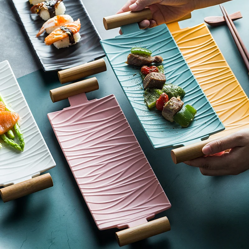 Creative Rectangular Plate Binaural Sushi Plate Western Food Plate Fruit Plate Snack Plate Ceramic Plate Living Room Decoration