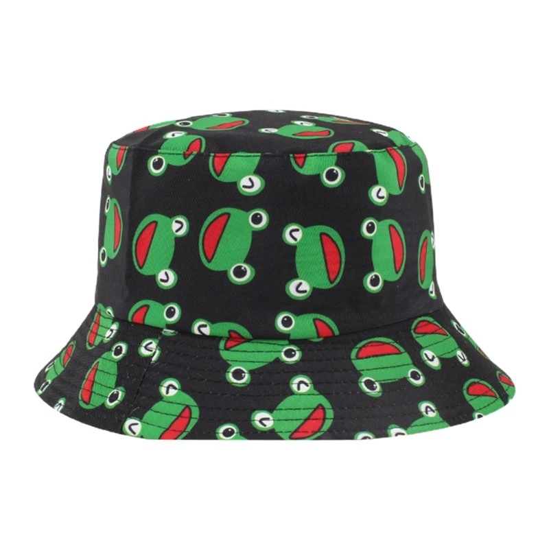 

Q1FA Unisex Women Men Sun Hat Cow Frog Cartoon Print Packable Bucket Cap Outdoor Non-glare Anti UV Summer Accessory