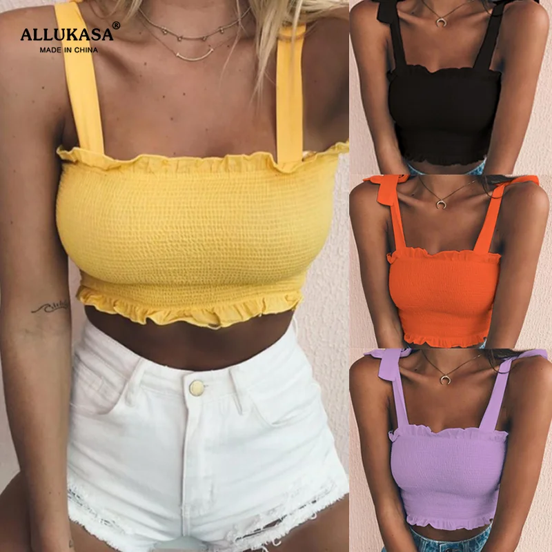 

Summer Autumn Tube 2020 New Crop top Women Bow Tie Strap Ruched tank Top Lettuce Edge Elastic Camis 17 colors