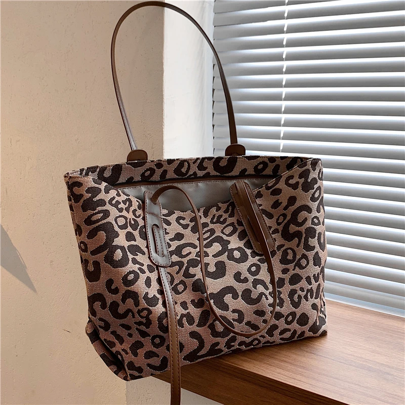 

Burminsa Retro Leopard Print Canvas Large Tote Shoulder Bags For Women Brand Designer Shopper Travel Ladies Handbags Winter 2021