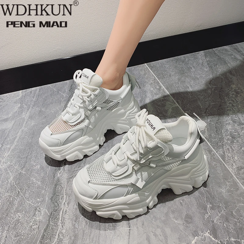 

Женские массивные кроссовки, однотонная обувь на платформе, на шнуровке, дышащая сетчатая Вулканизированная подошва, повседневная обувь дл...