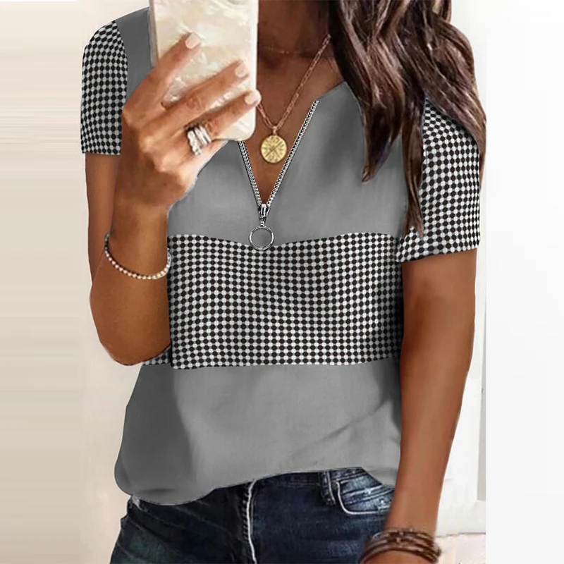 

Fashion Commute Patchwork Print Blouses Shirts 2021 Casual Harajuku Zipper Chic Tops Elegant Women V Neck Short Sleeve Blusa 3XL