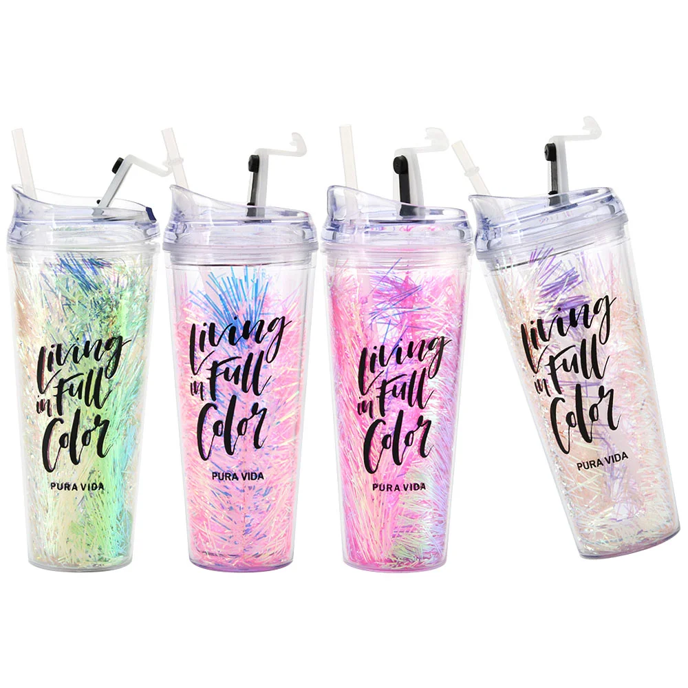 

700ml transparent coffee cup double wall no Bpa reusable plastic glass milk cup with flip lid and straw gift