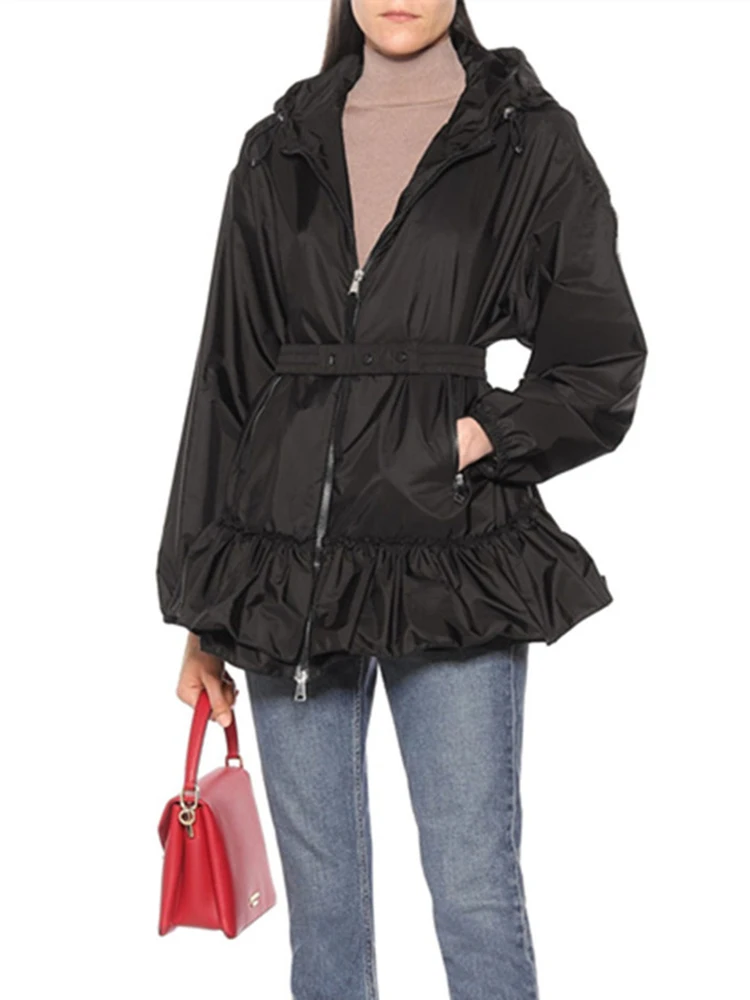 

White mid-length outdoor clothing belt thin hooded drawstring ruffle skirt sunscreen windbreaker jacket women