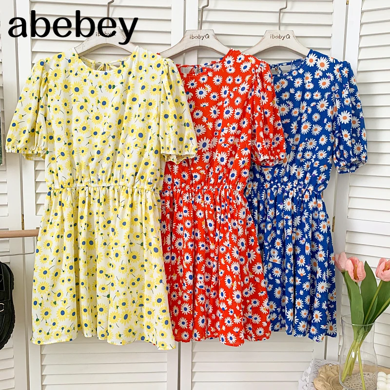 

Temperament O-neck puff sleeve Dress high waist Pleated waist floral print short A-line Dress 2021 New Summer