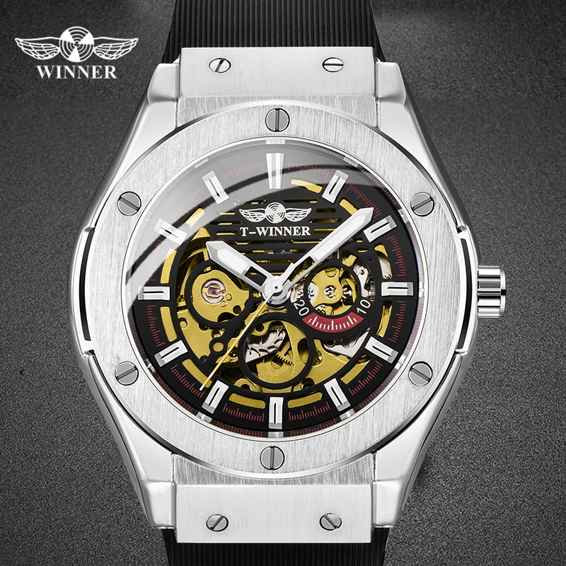 

WINNER Top Brand Official Man's Clocks Cilicone Strap Skeleton Automatic Mechanical Watches Relogio Masculino