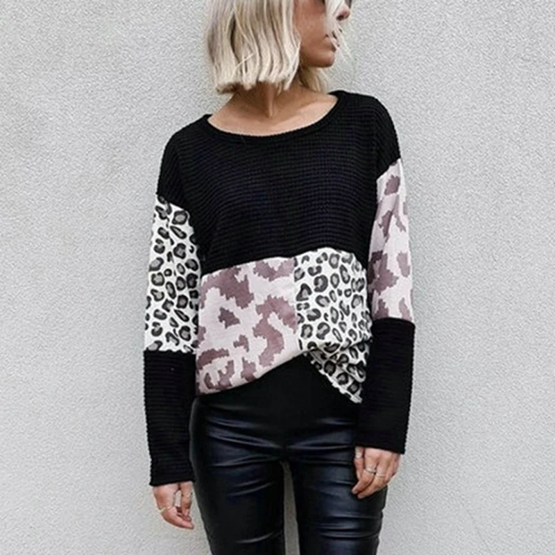 Women's Fashion Round Neck Leopard Print Stitching Printed Long Sleeve Sweater Top |