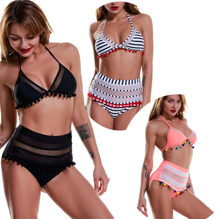

Women Sexy Halter Retro Mesh Hollow Out String Swimsuit Bathing Suit Female Bra Set High Waist Swimwear Plus Size Bikini