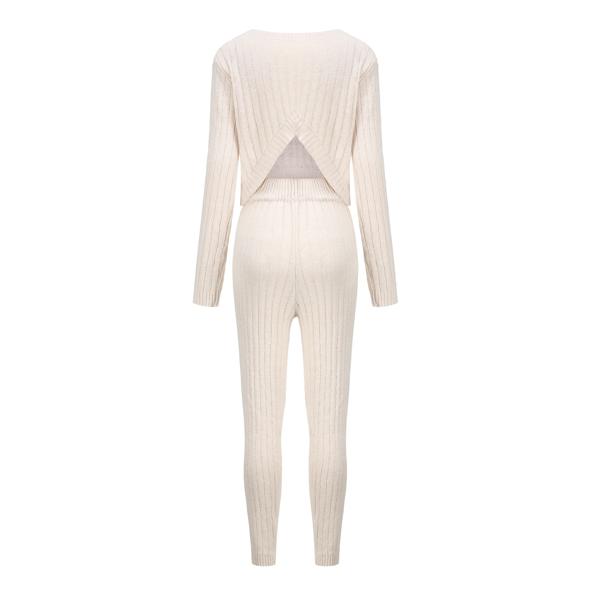 

Lace Up Knitted Cropped Womens Suits Solid Long Sleeve Backless Pullover Pants Lady 2 Piece Sets Autumn Casual Female Set Solid