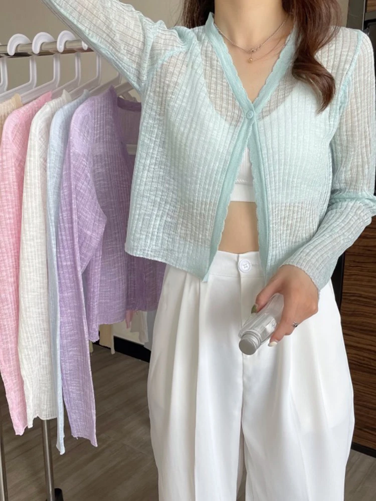 

Короткий Шелковый Солнцезащитный вязаный кардиган, Новинка лета 2021, маленький кардиган, тонкая стильная блузка с длинным рукавом