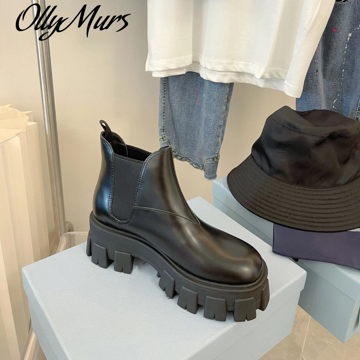 

Ollymurs polish Genuine Leather Chelsea Ankle Boots platform Wedges block heels chunky booties pull-on shoes for women shoes