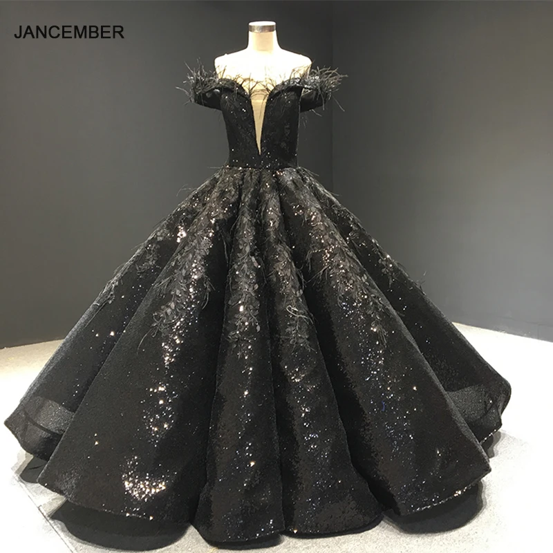 J66936 jancember black evening dress plus size sweetheart ball gown lace short prom with feather ballkleider mit federn | Свадьбы и