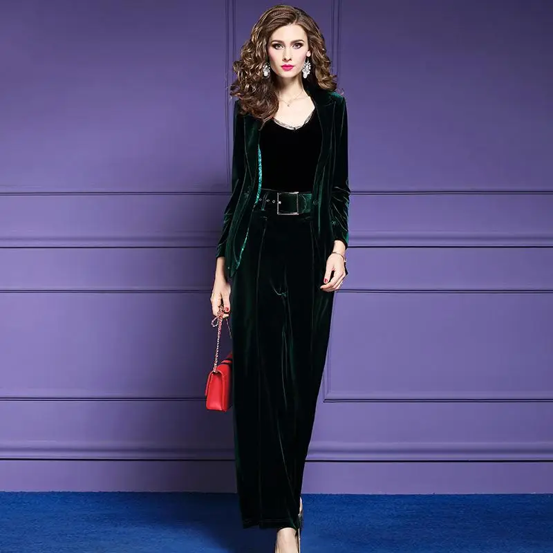 

Velvet Luxury 2 Piece Set Women Wide Leg Pants Office Lady Ensemble Femme 2 Piece Sets Womens Outfits Conjunto Feminino