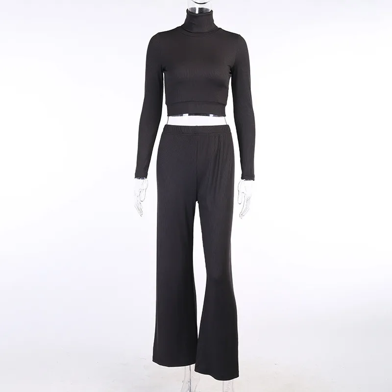

Gniherii Two Piece Set Elegant Ladies 2 Piece Outfit Set High Neck Long Sleeve T Shirt + Wide Leg Pants Spring Autumn Clothing