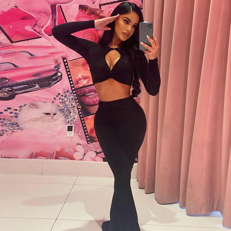 

Sexy Nightparty Two Piece Set Women Outfits Solid Hollow Crop Tops+Skinny High Waist Maxi Skirt Matching Lady Party Clubwear