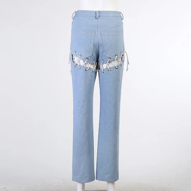 

Y2K Side Cross Bandage Drawstring Hollow Out Straight Women's Jeans High Waist Denim Pants Sexy Elegant Ladies Europe Fashion
