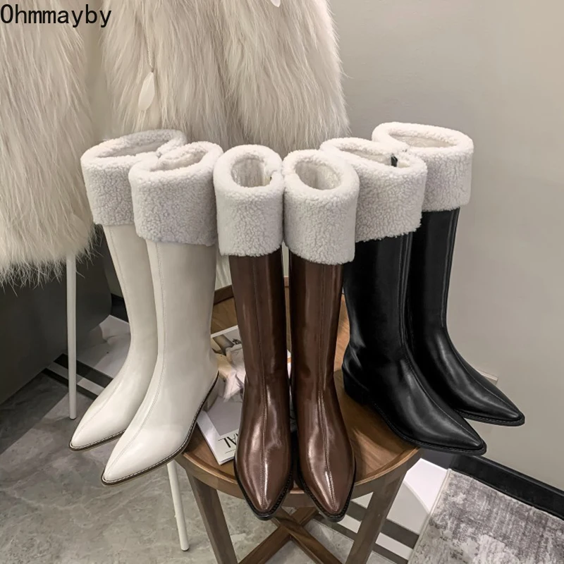 

2021 Winter Fur Knee High Boots Woman Zipper Slim High Bootties Pointed Toe Ladies Long Boots Female Fashion Shoes