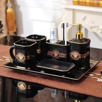 Porcelain Bathroom Set Ceramic Soap Dispenser & Dish Toothbrush Holder Gargle Cups 4-6 Pieces Wedding Gifts Black/Ivory