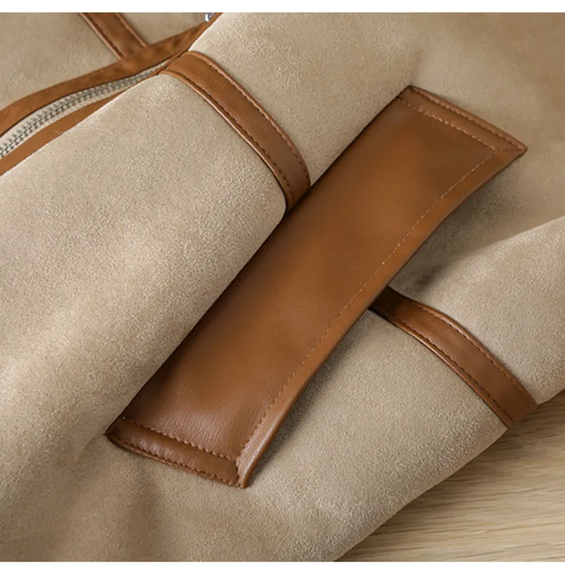 New Winter Women Thick Vintage Splice Suede Jacket Coat Loose Warm Lambswool Biker Outwear Female Oversize Faux Leather Overcoat