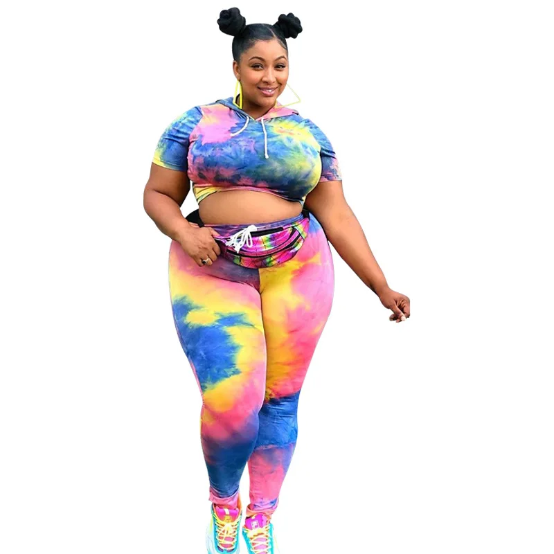 Plus size new women summer tie-dye Print Hooded top& long pants suit two piece set sporty tracksuits outfit GL1888