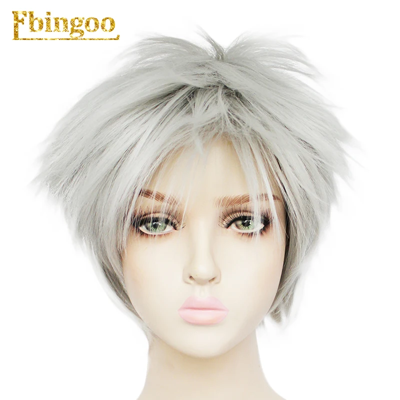Ebingoo, парик Kaneki Ken, короткий, прямой, серебристо-серый, синтетический, косплей, аниме, парики для мальчиков, жаростойкость+ шапка для волос - Цвет: DM1611074