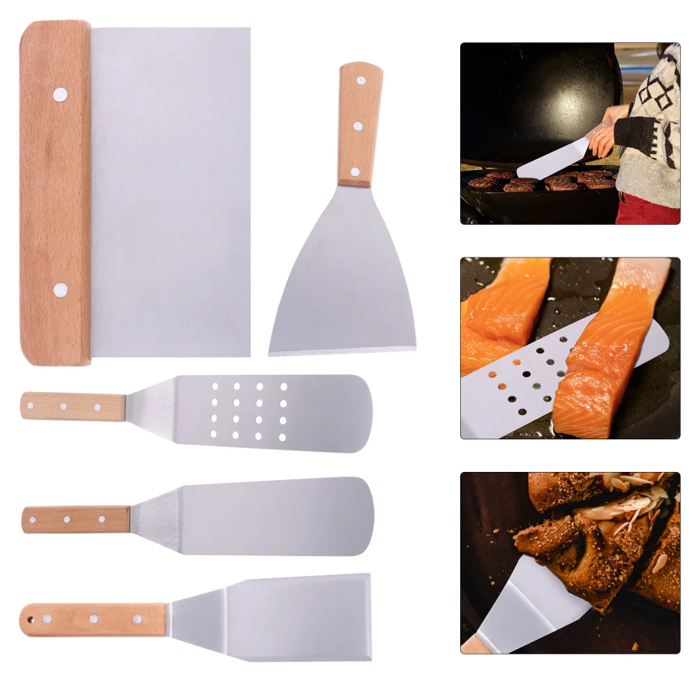

1 Set of 5 Pcs Stainless Steel Spatula Wooden Handle Shovel Pizza Shovel