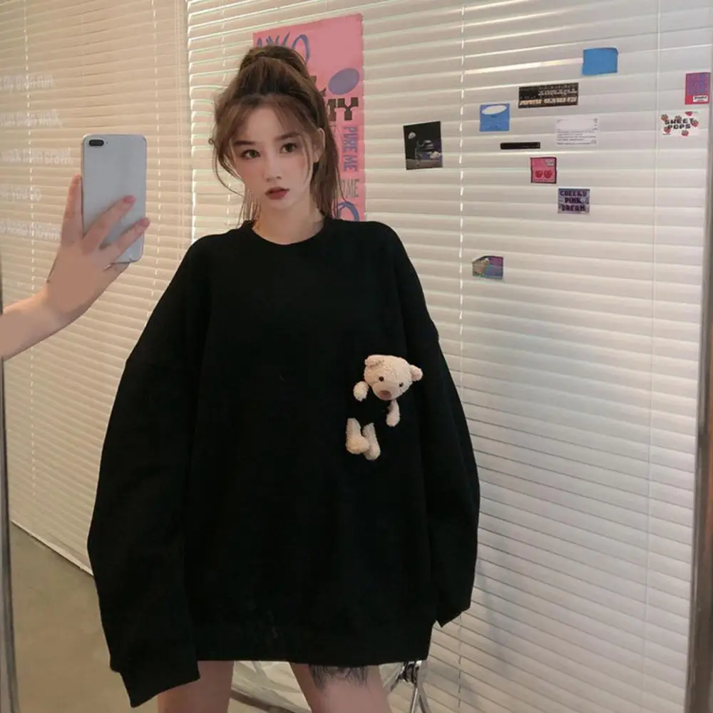Women Autumn Long Sleeve Pocket Cute Bear Blouse Top O Neck Oversized Sweatshirt Vintage Hoodie Sweetshirt Fashion Zip Casual