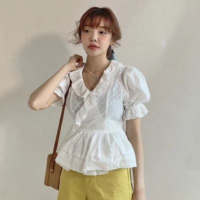 Женская кружевная блузка RUGOD белая с оборками из 100% хлопка в Корейском стиле 2019 |