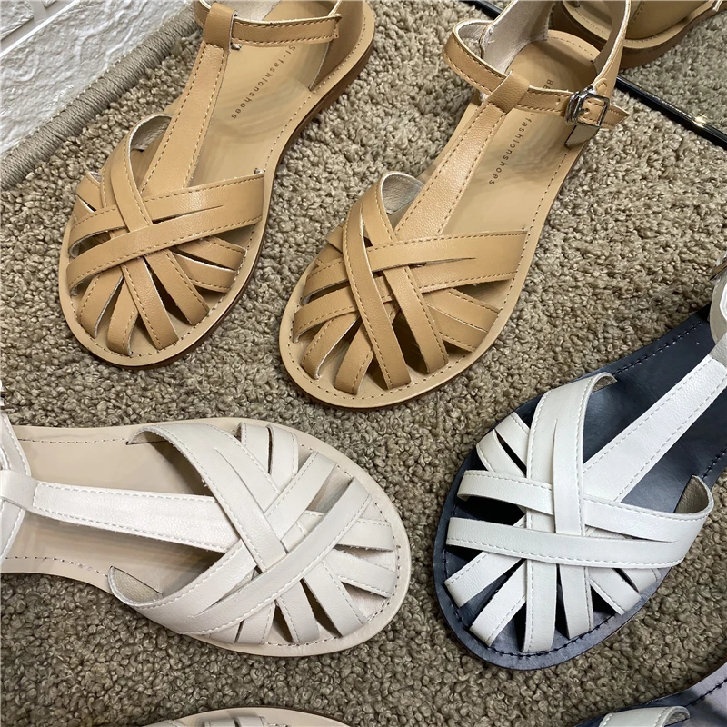 Женские сандалии из ПУ кожи DEAT черные открытые босоножки с круглым носком и