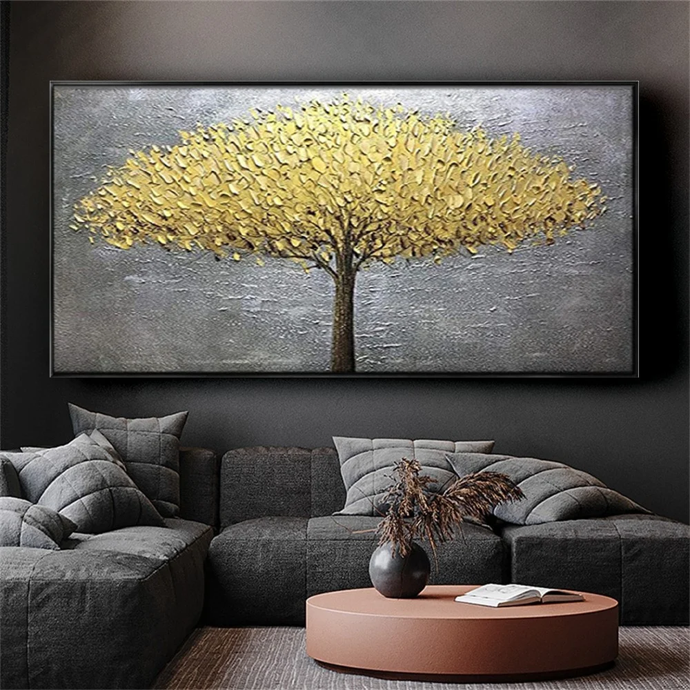 Nordic Fashion Home Decoration Painting Hand-painted Beautiful Oil Yellow 3D Textured Leaves A Big Tree Salon Mural art