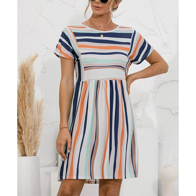 

O-Neck Lace Loose Summer Short Mini A-Line Beach Vintage Striped Printed Loose Mini Dress Elegant Women Summer Short Sleeve
