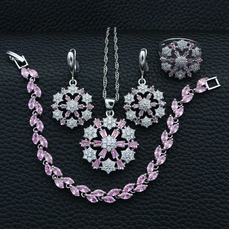 

925 Sterling Silver Jewelry Set Pink Cubic Zirconia White Crystal For Women Wedding Necklace/Earrings/Bracelet/Pendant/Ring