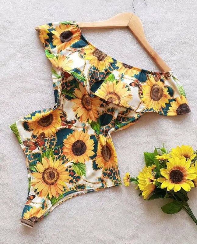 Детский купальник с подсолнухами для девочек модный детский бикини оборками и