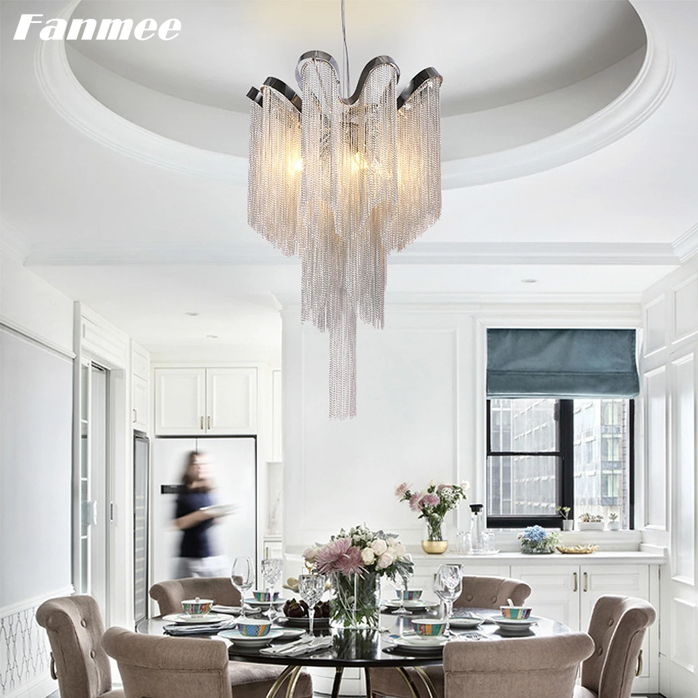 

Irrecgular Design Chandelier Lighting LED Aluminum Chain Pendant Lamp Indoor Silver Tassel Hanging Light Fixture for Living Room