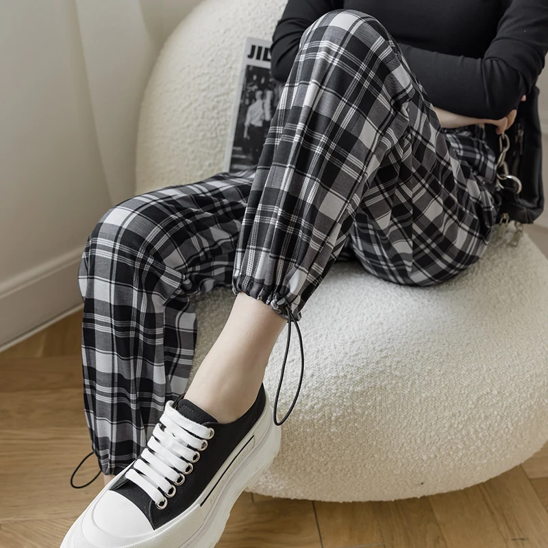 Брюки женские в клетку с завышенной талией спортивные Джоггеры стиле Харадзюку