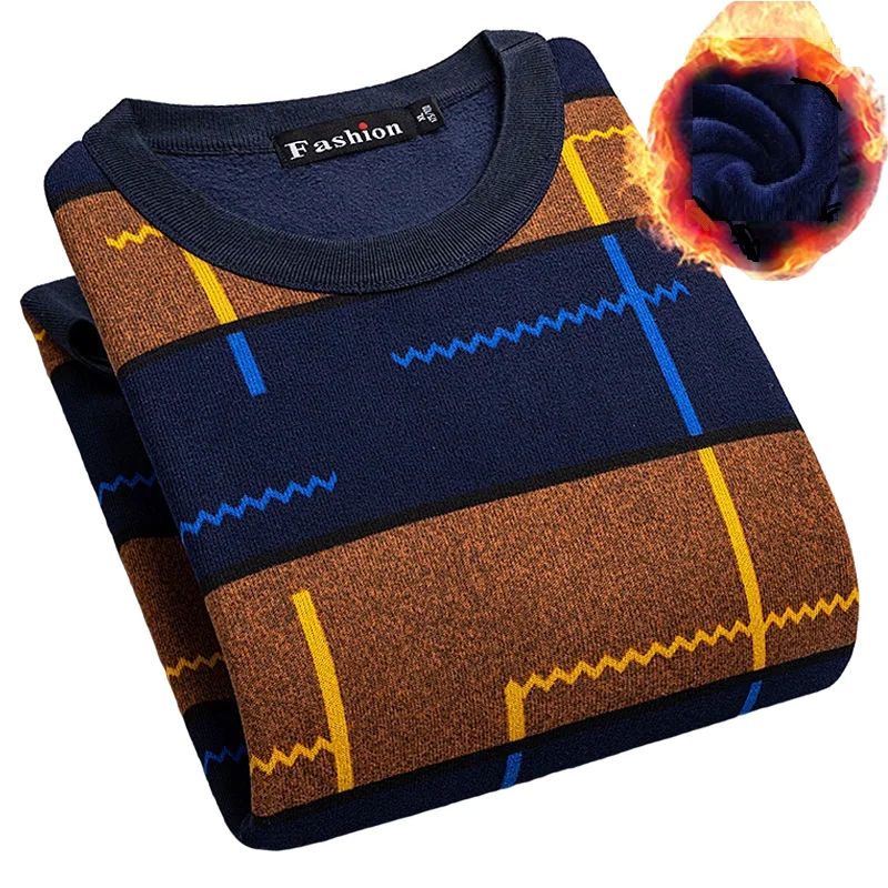 

Sweater Men Winter Thin fleece O-neck Thermal Men Clothes Knitted Striple Slim Fit Pullover Pull Homme