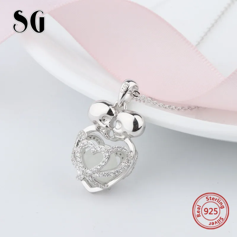 Sg Серебро 925 поцелуи скелет светящиеся кулон ожерелье цепь с Cz Diy Ювелирные