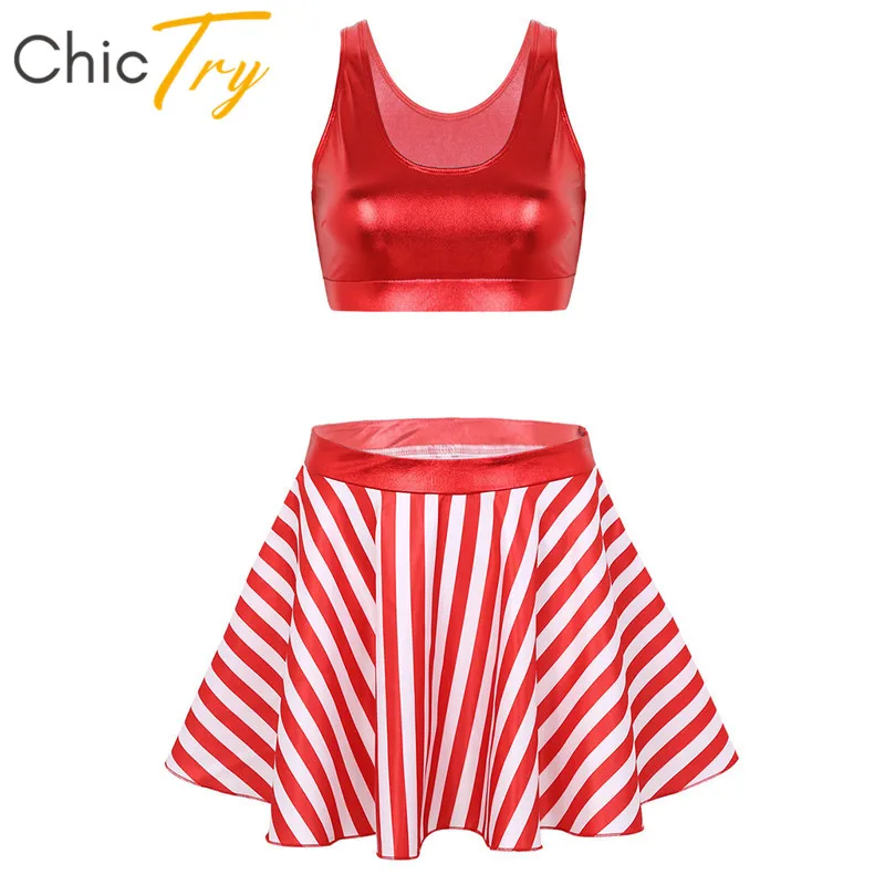 ChicTry женский красный блестящий металлический укороченный топ с полосатой юбкой