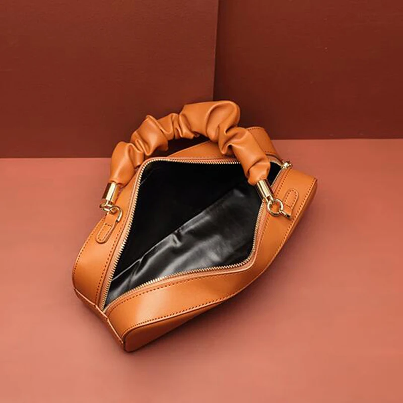 

New Leather Folds Handle Bag Women's Black Long Strap Shoulder Crossbody Bag Kpop Tide Fashion Box Handbags