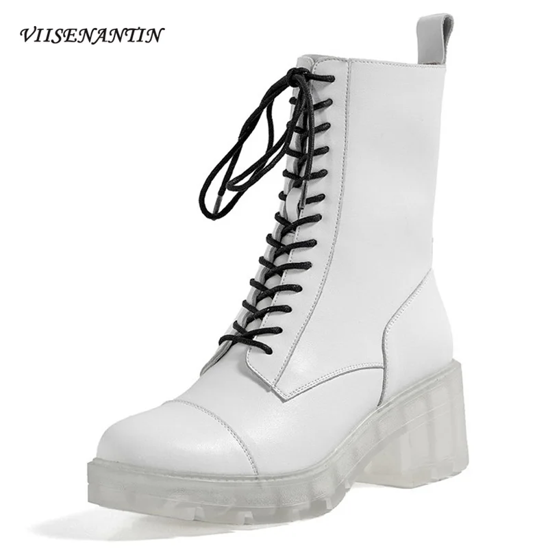 

Ботинки-мартинсы женские на толстой прозрачной подошве, тонкие короткие сапоги, кожаные крутые рыцарские ботинки со шнуровкой, белые, лето-...