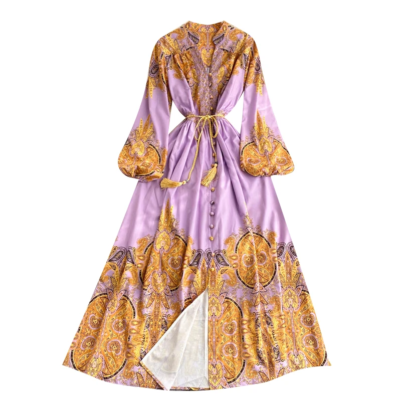 

Summer 2021 New Fashion Temperament Vestidos Female V-neck Retro Totem Print Puff Sleeve Waist Slim Dress KK051